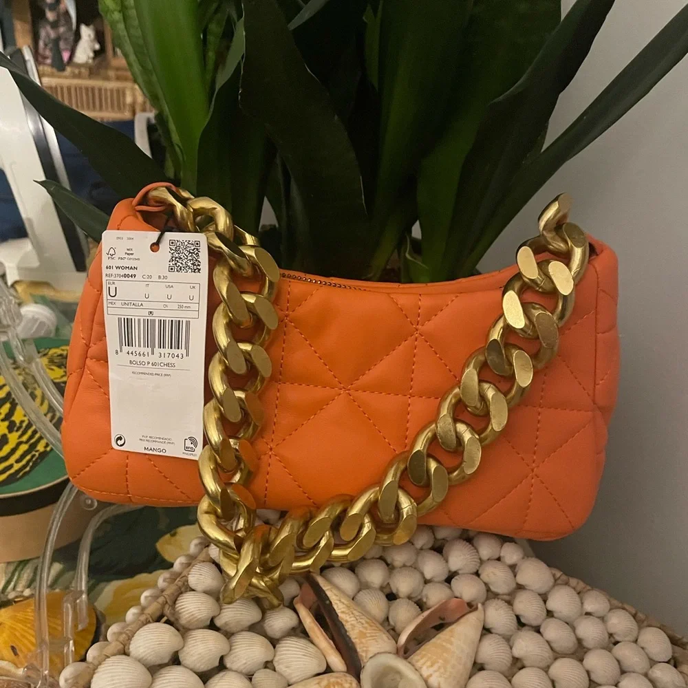 Mango Orange Quilted Baguette Purse with Gold Chain - Picture 3 of 16